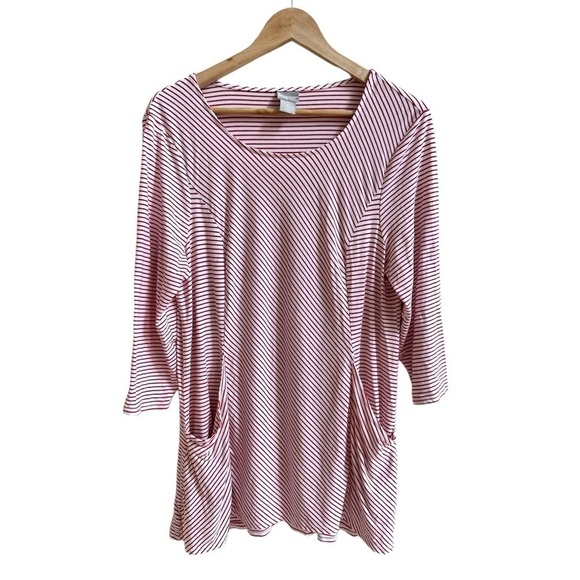 Chicos Red Asymmetrical Stripe 3/4 Sleeve Pockets Tunic Womens Size 12 Top - Picture 1 of 15